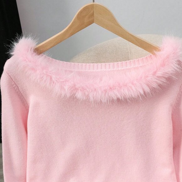 Pink Casual Women's Elegant Patchwork Fur Collar Sweater Cloth - Picture 4 of 7